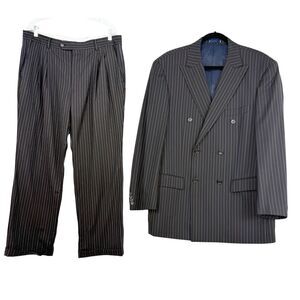 Paul Fredrick 2pc Wool Pinstripe Suit Espresso 42R 36W Double Breasted Ventless
